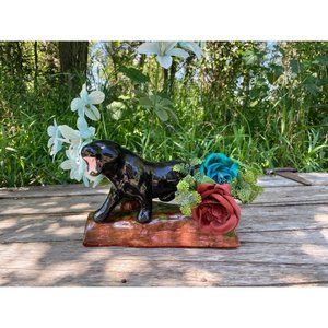 Vintage 1960s Kitschy Black Panter Planter With Silk Flowers
